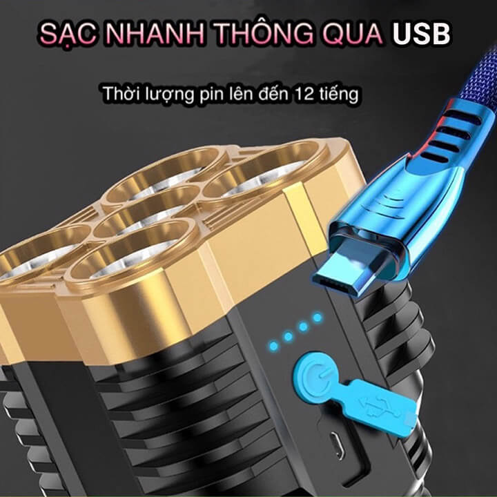 Đèn pin cầm tay siêu sáng 5 bóng chiếu xa 200m, chống thấm nước, pin dung lượng cao 4 chế độ sáng