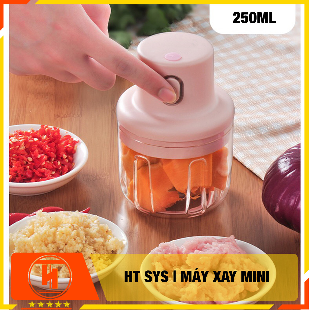 Máy xay  mini HT SYS - Sạc Điện -  Máy Xay Hành, Tỏi, Rau Củ ,Thịt Dung Tích 250ml - 3 Lưỡi dao - Hàng Nhập Khẩu