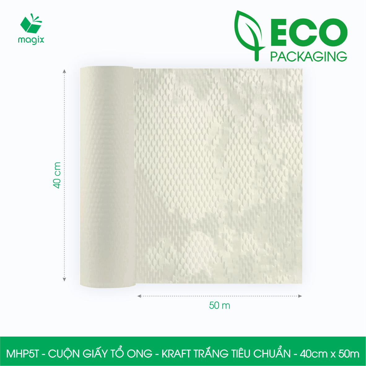 MHP5T - 40cm x 50m - Cuộn giấy tổ ong gói quà, gói hàng chống sốc - Kraft trắng kem Tiêu Chuẩn