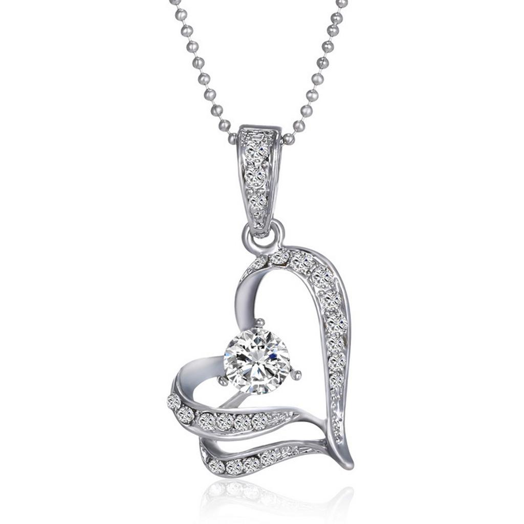 Women Double Heart Rhinestone Pendant Chain Necklace Jewelry Silver Gift