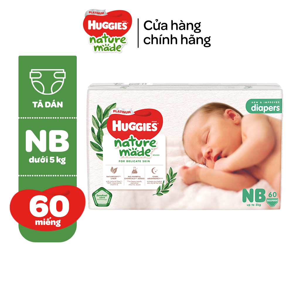 Tã/Bỉm dán sơ sinh Huggies Platinum NatureMade NB60 (dưới 5kg)-Gói Jumbo 60 miếng