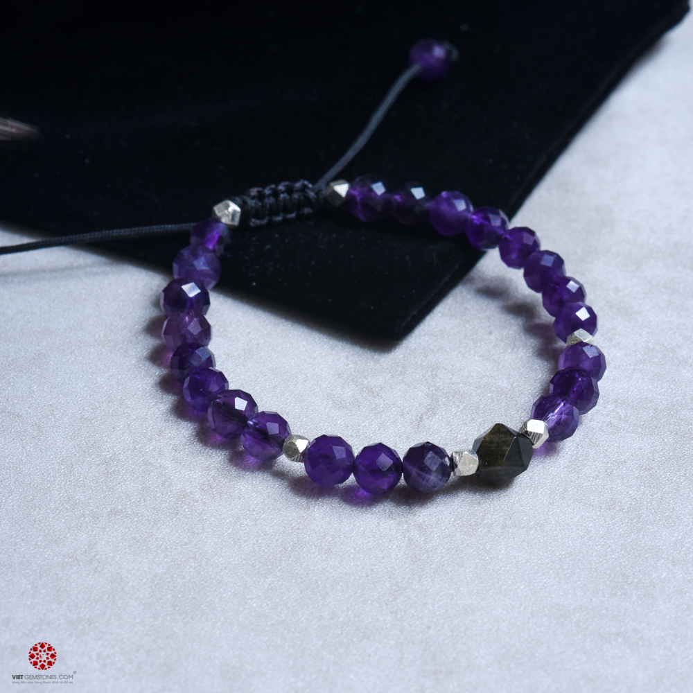Vòng mala Thạch Anh Tím 6mm mix Obsidian và charm bạc Thái cao cấp| Hợp mệnh Hỏa, Thổ| Đem lại bình an, tài lộc| VietGemstones
