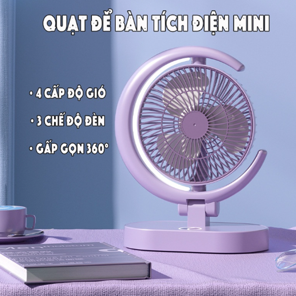 Quạt Để Bàn Tích Điện Mini 3 Cấp Độ Gió Teement, Tích Hợp Đèn Ngủ Động Cơ Không Tiếng Ồn Pin Pin 1200mah , Điều Chỉnh Lên Xuống 360°- Hàng Chính Hãng