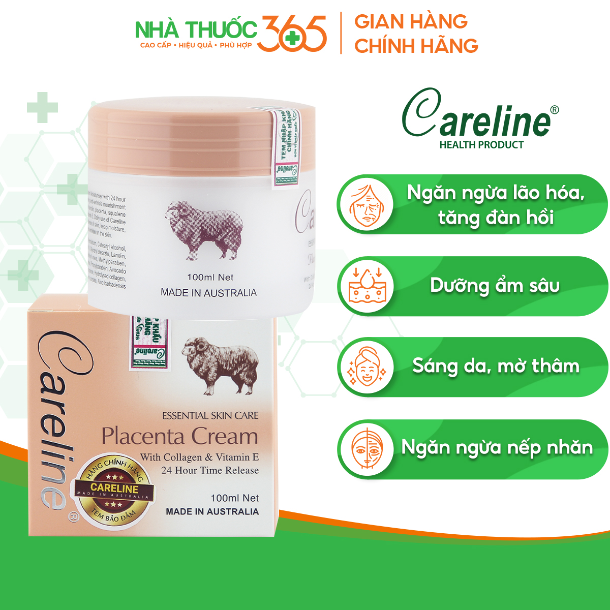 Kem dưỡng da Careline Placenta Cream nhau thai cừu giúp cấp ẩm, ngăn ngừa nếp nhăn 100ml