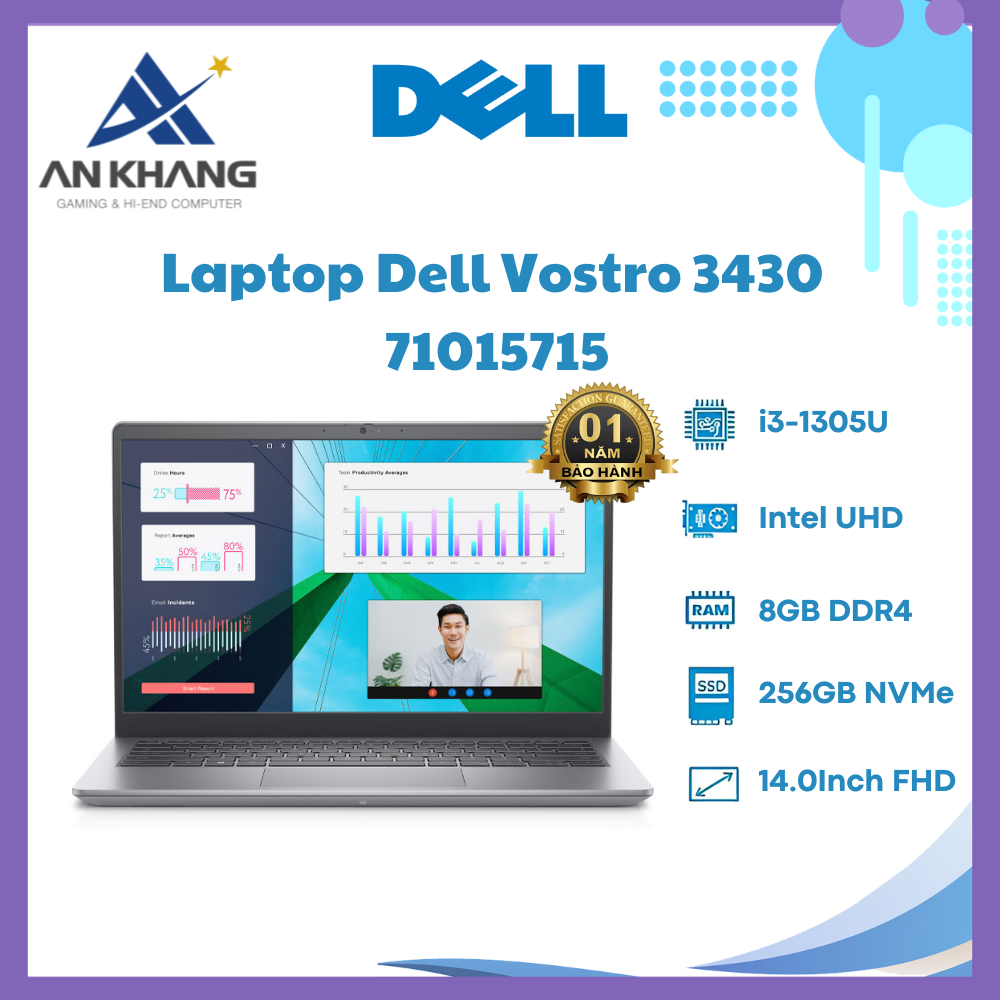 Laptop Dell Vostro 3430 71015715 (Intel Core i3-1305U | 8GB | 256GB | Intel UHD | 14 inch FHD | Win 11 | Office | Xám) - Hàng Chính Hãng - Bảo Hành 12 Tháng