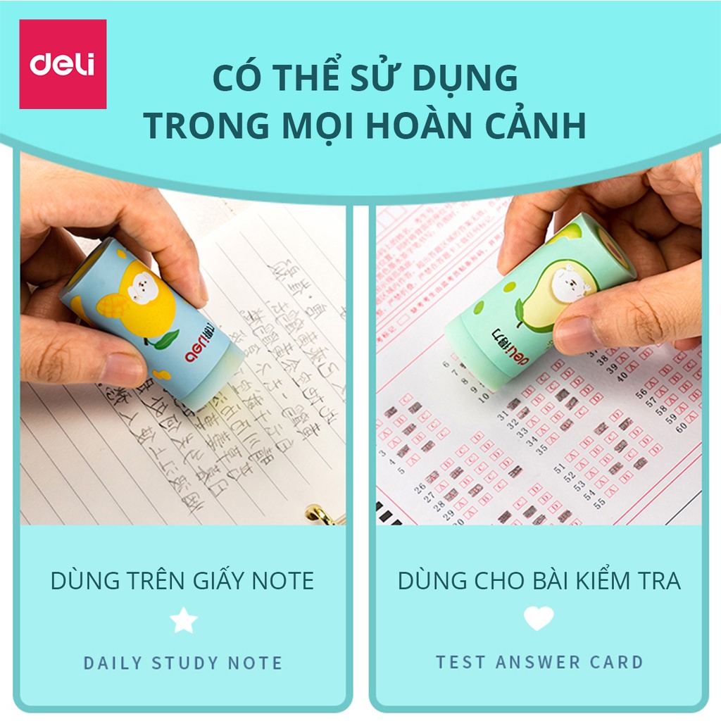 Tẩy hình trụ Deli hình vẽ hoa quả nhiều màu - Hồng/ Xanh dương/ Xanh ngọc - 71053