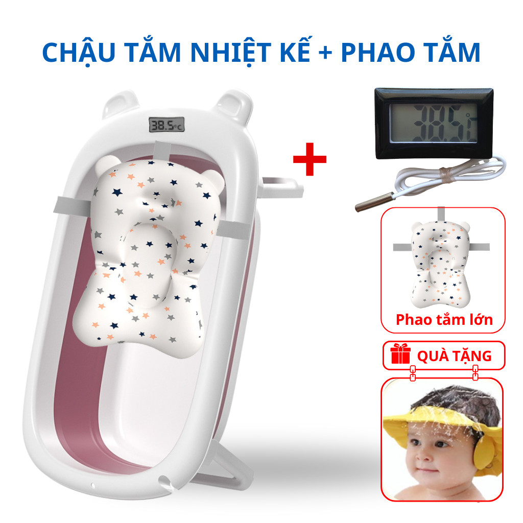 Bồn Tắm, Thay tắm Cỡ Lớn Gấp Gọn có nhiệt kế Tiện Dụng Cho Trẻ kèm phao tắm lớn chất liệu cao cấp, có nút thoát nước (màu ngẫu nhiên)