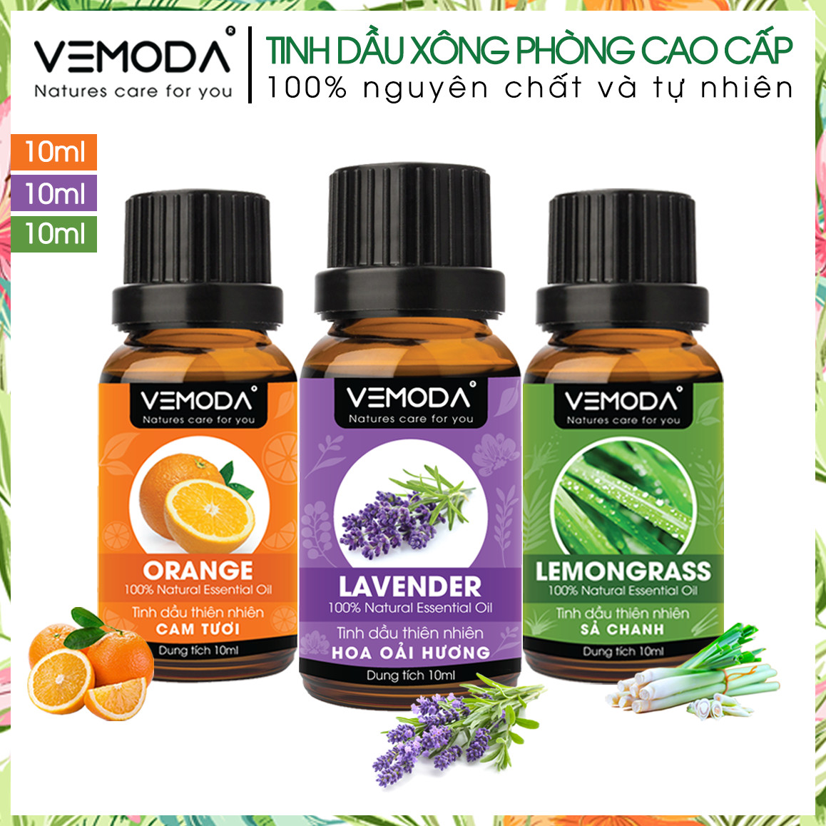 Tinh dầu Xông phòng gồm Combo 3 lọ tinh dầu cao cấp: tinh dầu Sả chanh + tinh dầu Oải hương + tinh dầu Cam tươi Vemoda
