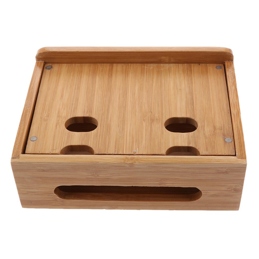 Cord Organizer, 4 Slots Bamboo Stand Multi-device Desktop Cords Organizer Dock Charging Station Holder with Built-in Insert Slots for Smartphones, Tablets and Laptops