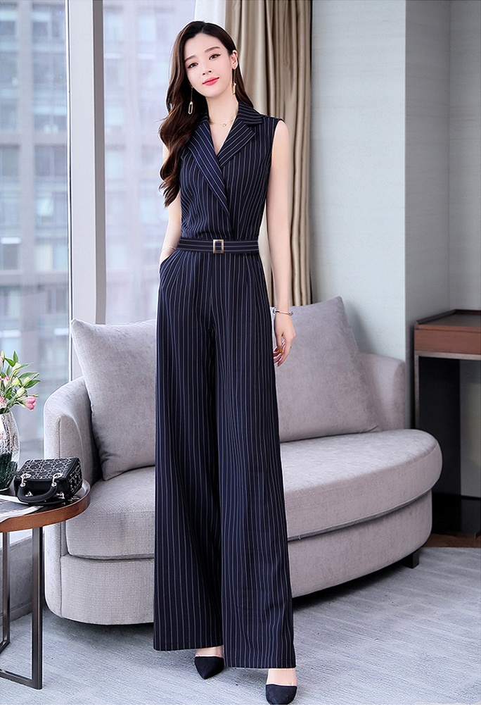 AV6462 - Jumpsuit - Đồ bay dài ống suông cổ vest kẻ sọc thắt lưng kèm belt