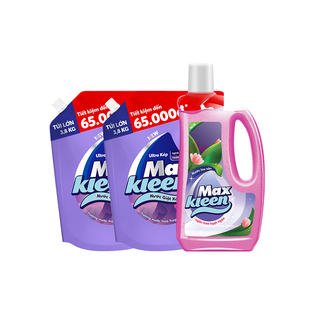 Combo 2 Túi Nước Giặt Xả MaxKleen hương Huyền Diệu (3.8kg/túi) + Nước Lau Sàn 1kg