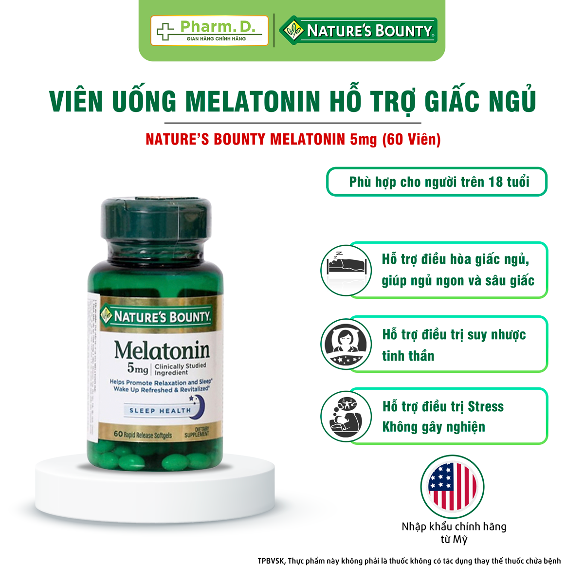 Viên uống hỗ trợ đều hòa giấc ngủ, giảm stress NATURE'S BOUNTY Melatonin 5mg (60 Viên)