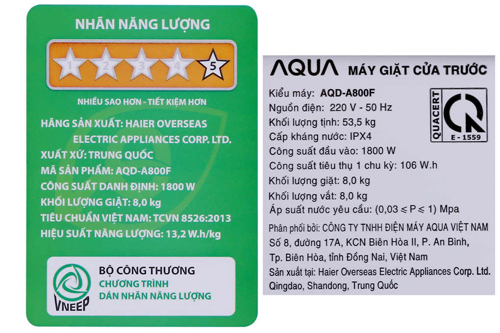 Máy giặt Aqua Inverter 8 KG AQD-A800F W - Hàng chính hãng(Giao Toàn Quốc)