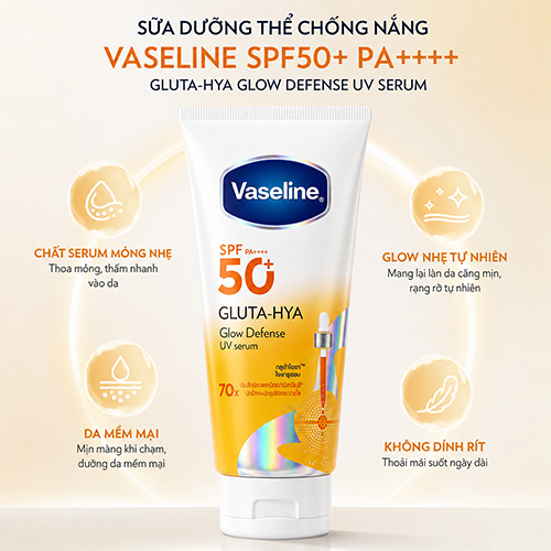 Sữa dưỡng thể chống nắng Vaseline SPF50+ PA++++ Gluta - Hya Glow Defense UV Serum (260ml) - Hàng chính hãng