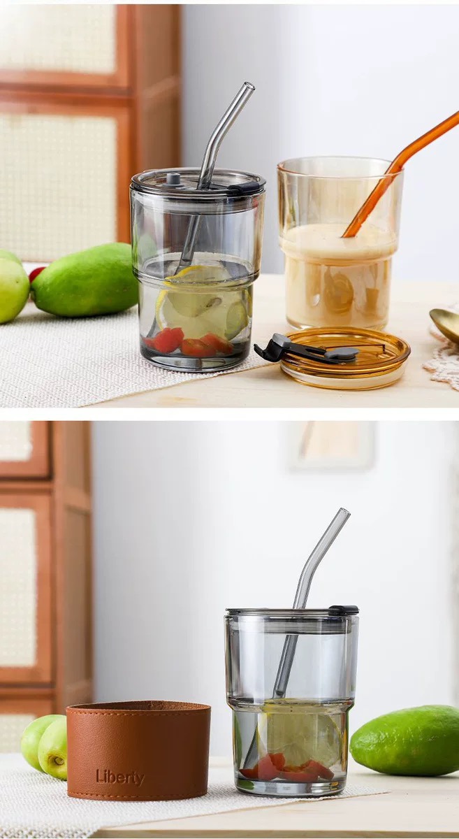 Ly Thủy Tinh Có Nắp và Ống Hút Thể Tích 400ml