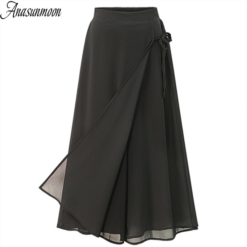 ANASUNMOON Mùa Hè Phong Cách Châu Âu Plus Kích Thước 5XL Quần Tây Nữ Dáng Rộng Voan Bắp Chân-Chiều Dài Quần Đen Ống Rộng Nữ quần