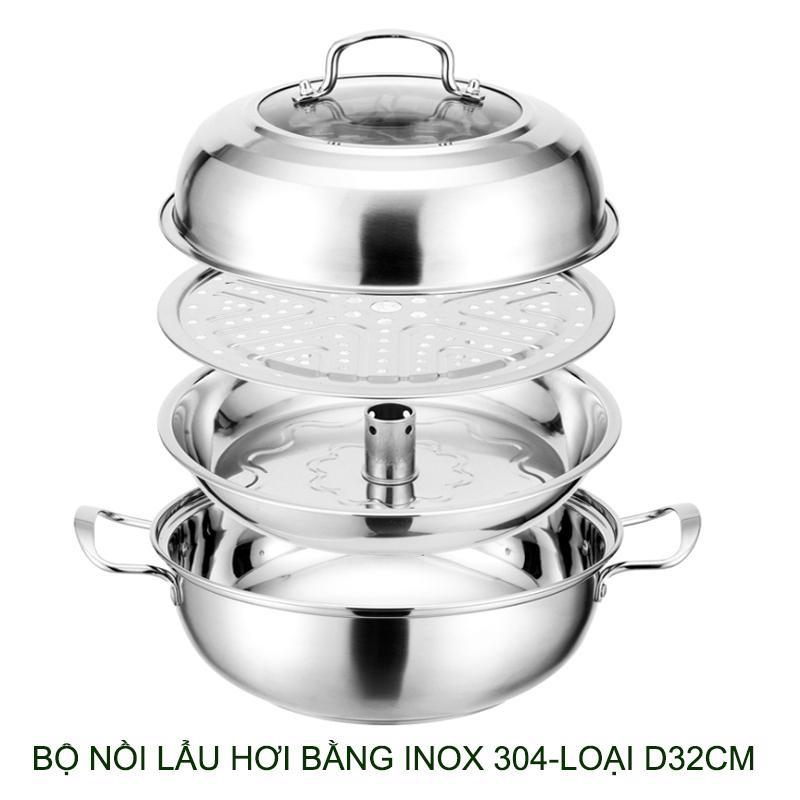 Bộ nồi lẩu hơi, nồi hấp đa năng làm bằng inox 304, loại D30-32cm tùy chọn, đáy 3 lớp dùng được cho bếp từ