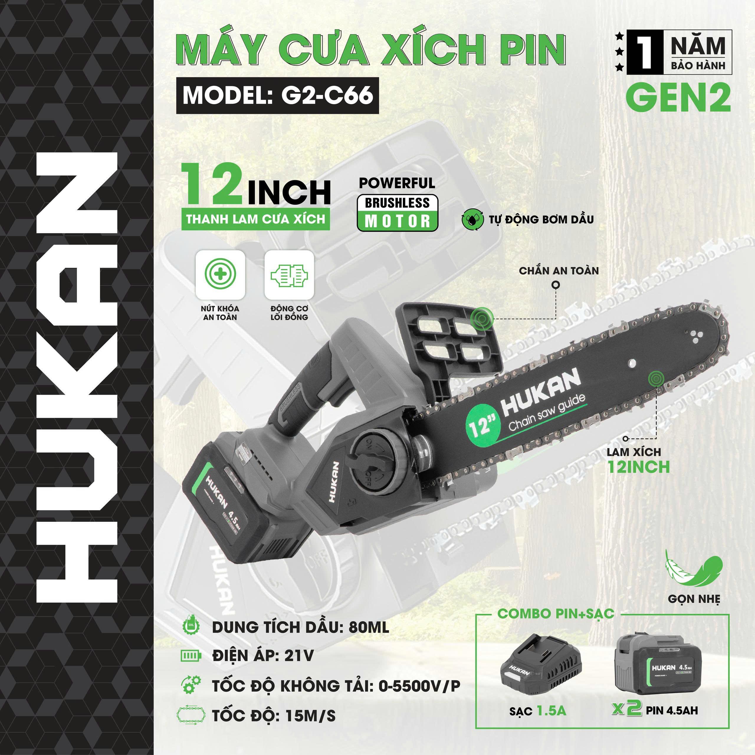MÁY CƯA XÍCH PIN 850W G2-C66 HUKAN -HÀNG CHÍNH HÃNG