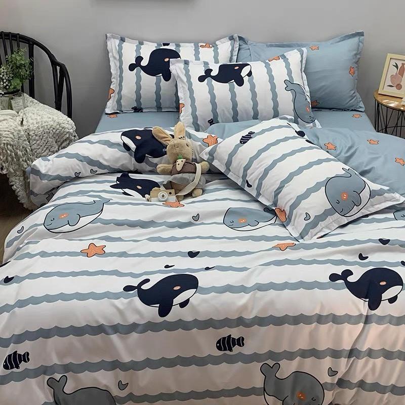 Bộ chăn ga gối Cotton Poly M2T bedding Cá heo, vỏ chăn mền, drap giường và 2 vỏ gối