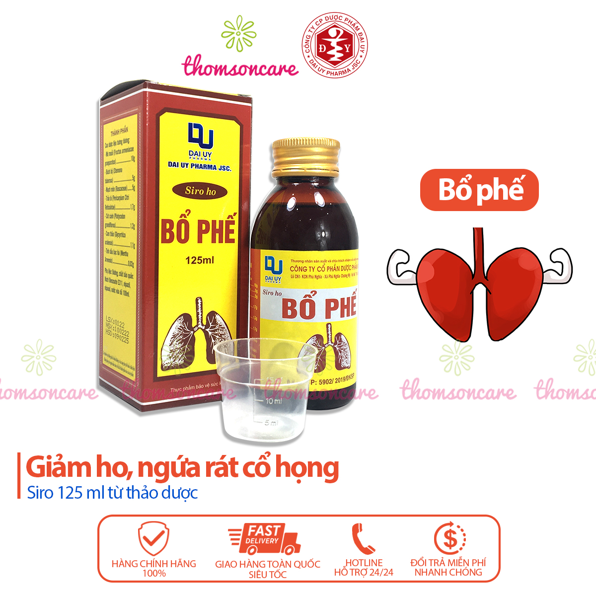 Siro ho bổ phế Đ.Y chai 125ml - Giảm ho, ngứa rát cổ họng, khàn tiếng, bổ phổi từ thảo dược