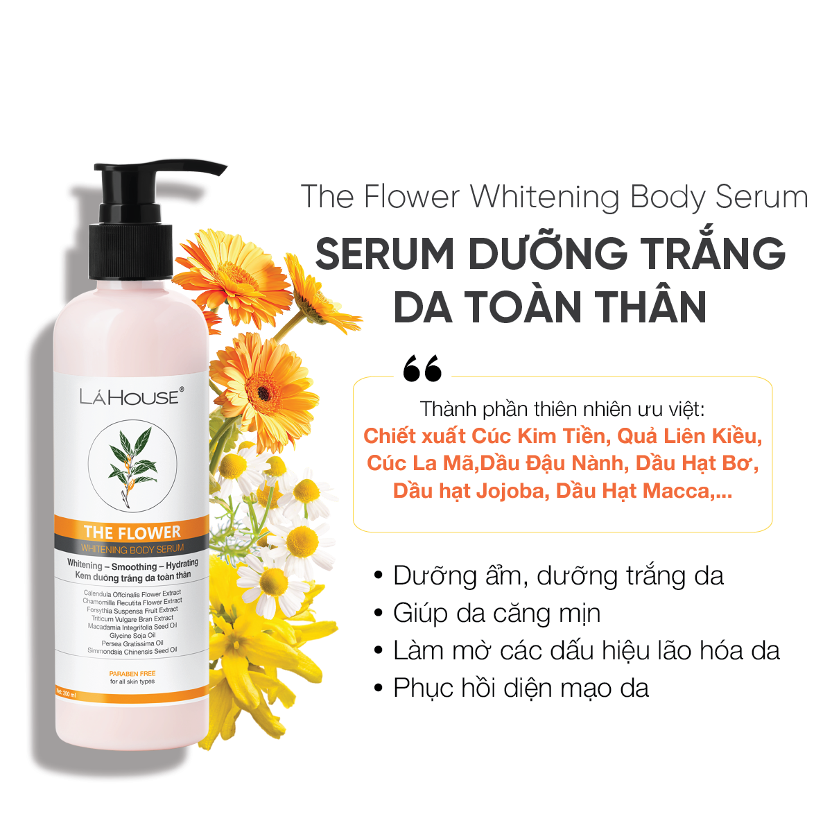Serum Dưỡng Da Trắng Sáng Mịn Màng Lá House The Flower Whitening Body Serum 200Ml