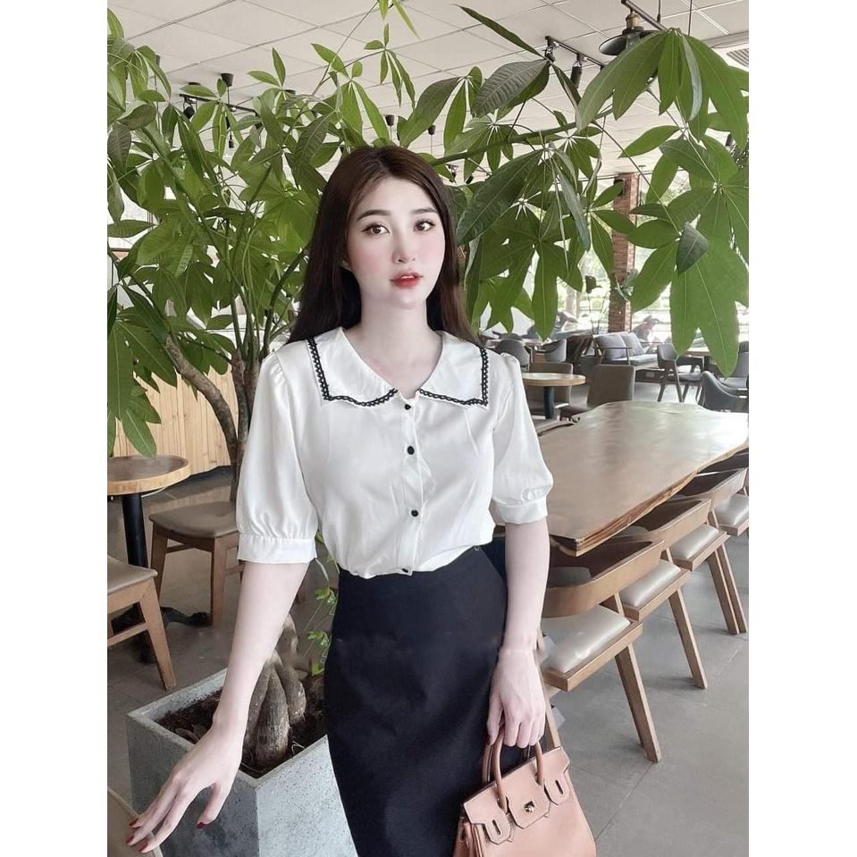 ÁO SƠ MI NỮ NGẮN TAY CHẤT LỤA MỀM MỊN CỔ ÁO VIỀN REN NỔI CỰC XINH AM15