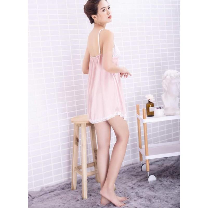 Váy ngủ lụa hai dây phối ren-Màu hồng tặng kèm chip ren gợi cảm