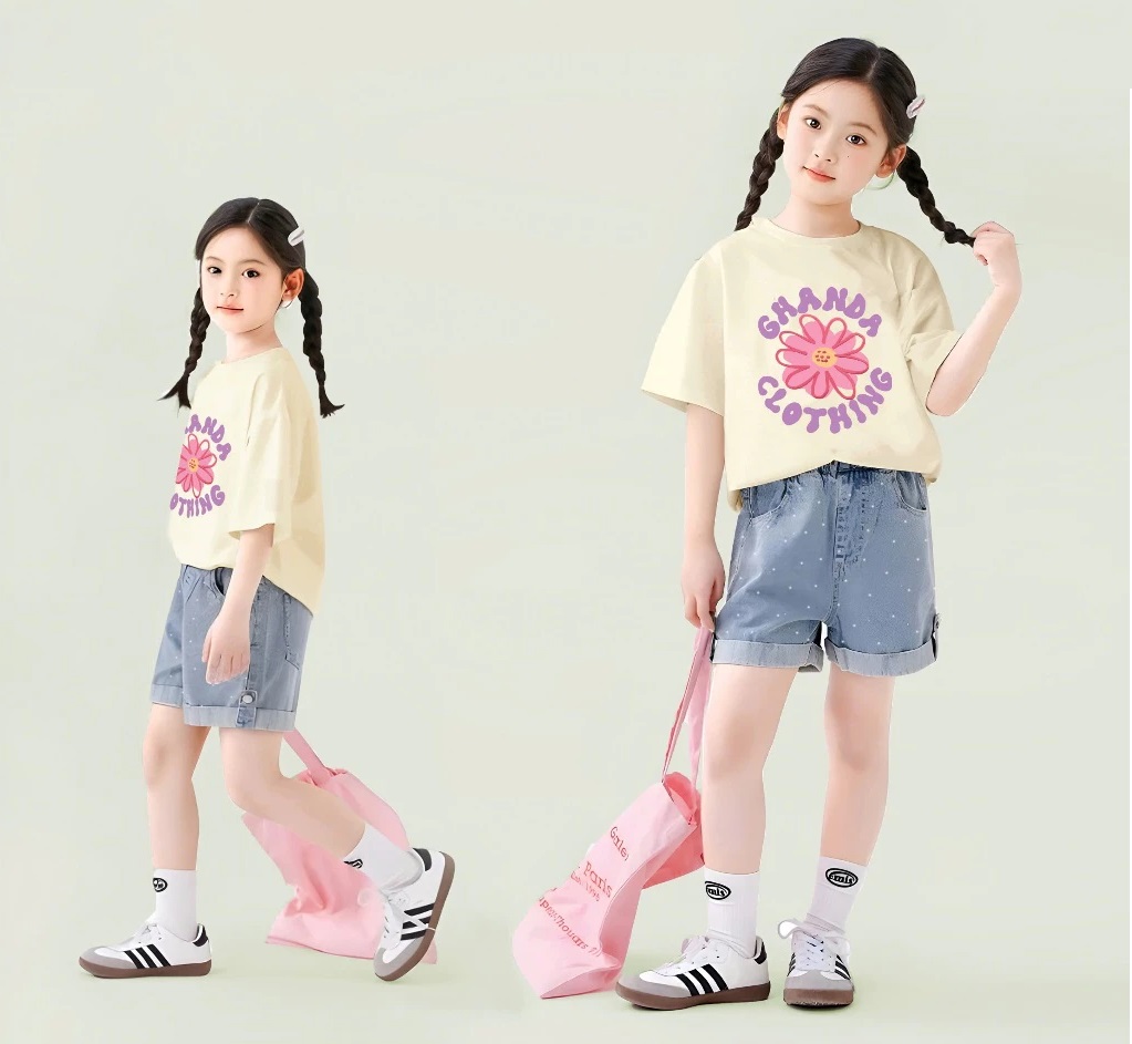 Set Đồ Bé Gái Áo In Hoa Dễ Thương Kèm Quần Jean Short Chấm Bi Thời Trang Từ 12-45kg Dành Cho Bé Gái