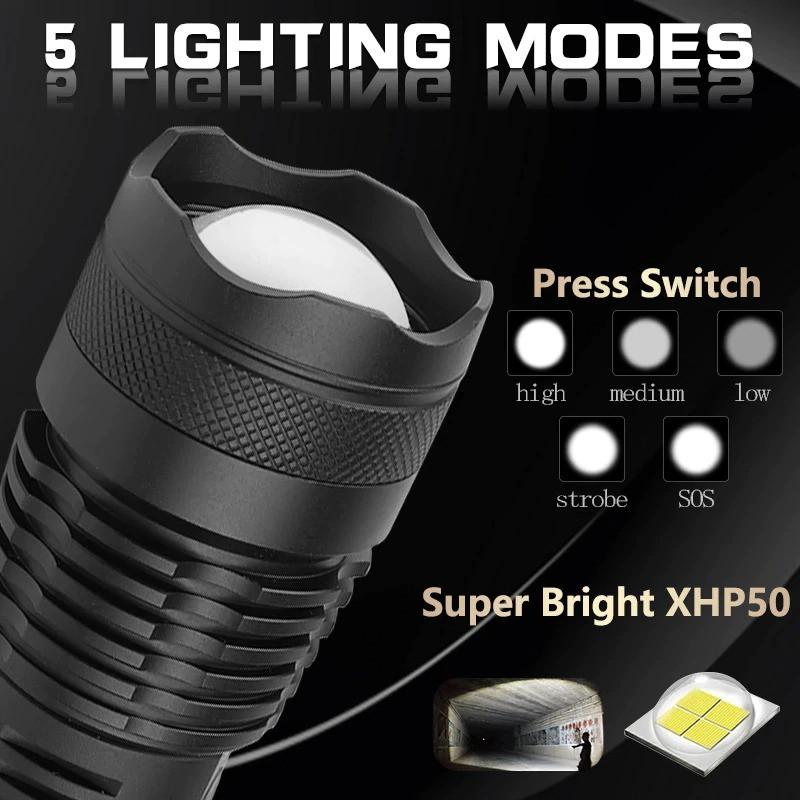 Đèn pin siêu sáng XHP-50 LED hợp kim nhôm10W chống thấm nước pin sạc P50