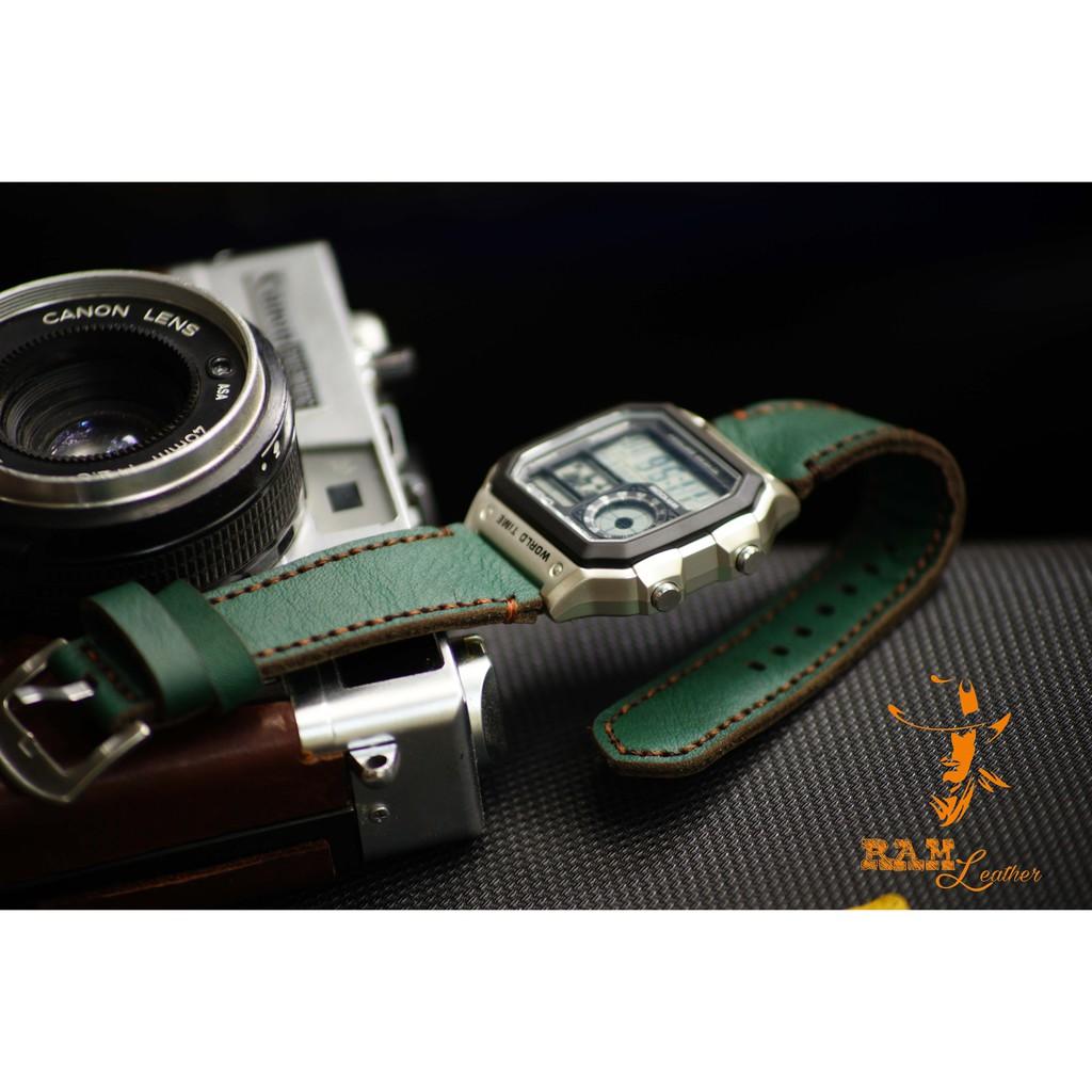 DÂY ĐỒNG HỒ RAM GREEN - DA BÒ XANH LỤC MAY THỦ CÔNG