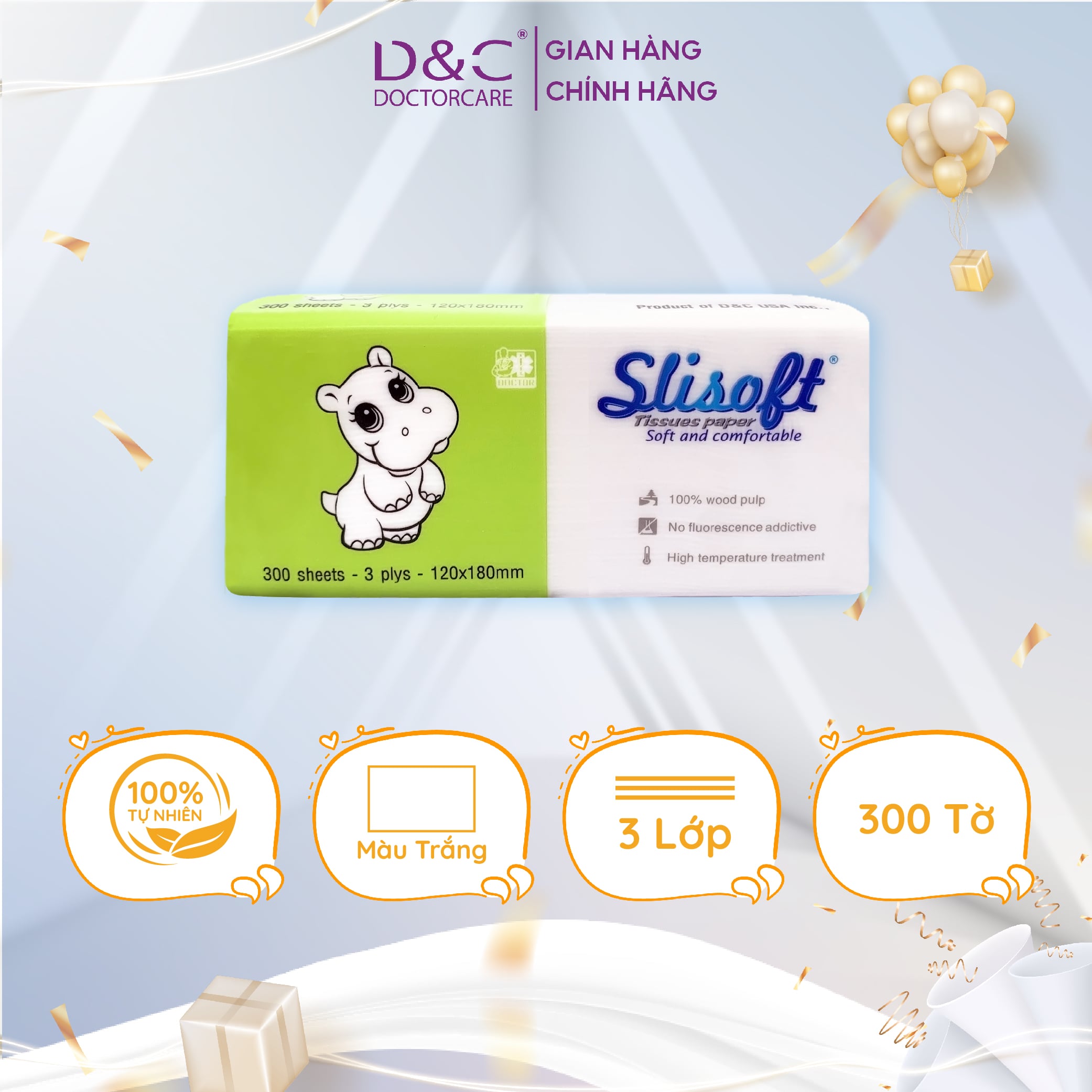 Giấy ăn Slisoft Trắng 100 tờ x 3 lớp, khăn giấy khô thân thiện môi trường không chất tẩy trắng an toàn cho cả gia đình