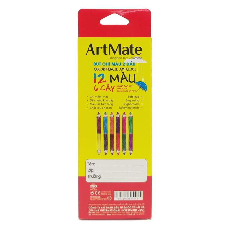 Hộp 6 Bút Chì Màu 2 Đầu 12 Màu PoBoo - ArtMate AM-CL301