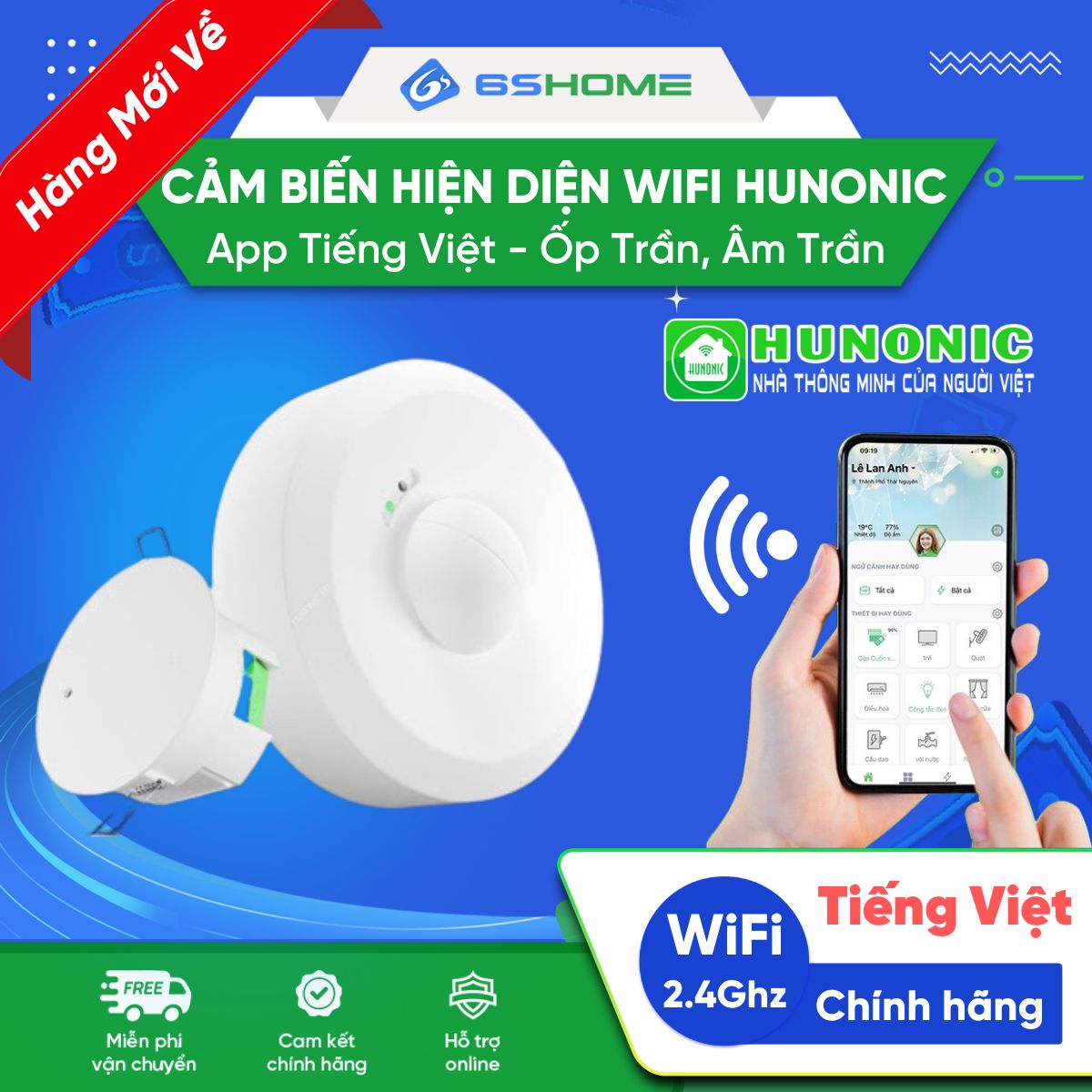 Cảm Biến Hiện Diện Ốp Trần, Âm Trần WiFi Hunonic HPR, Cảm Biến Hơi Thở, Phát Hiện Chính Xác Người, Bật Tắt Đèn Tự Động