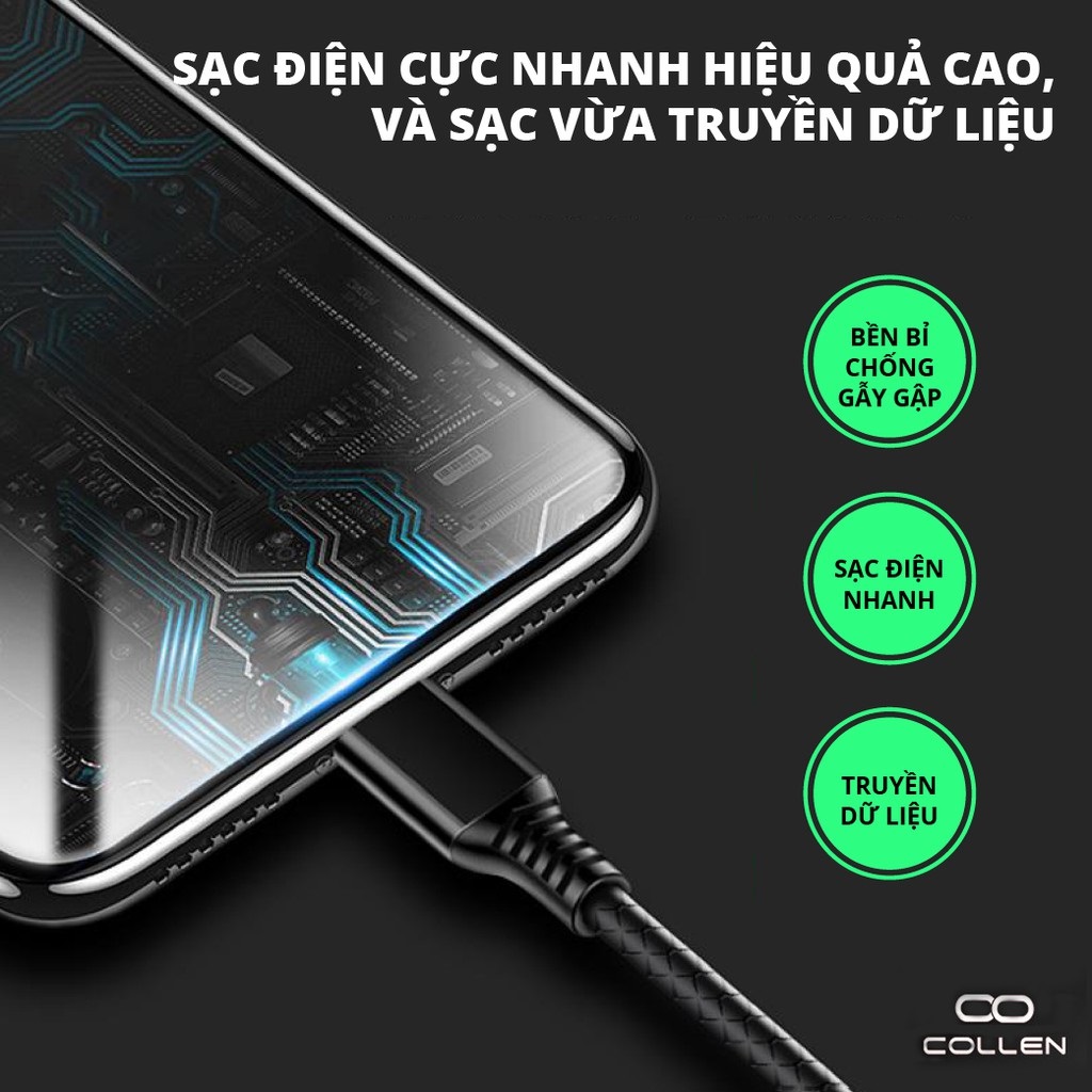 Cáp Sạc nhanh Collen (dài 1m, Truyền dữ liệu tóc độ cao, Sạc nhanh, Siêu bền) Cho Iphone 5/6/7/8/X/XS/XR/XSMax / Ipad - Hàng chính hãng