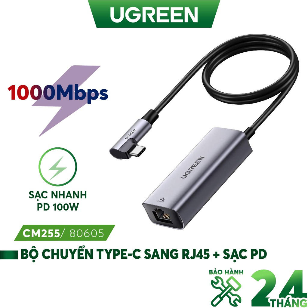 Bộ chuyển đổi UGREEN 80605 USB Type C sang LAN 10/100 Mbps Ethernet và cổng sac nhanh Type-C PD 100W - Hàng nhập khẩu chính hãng