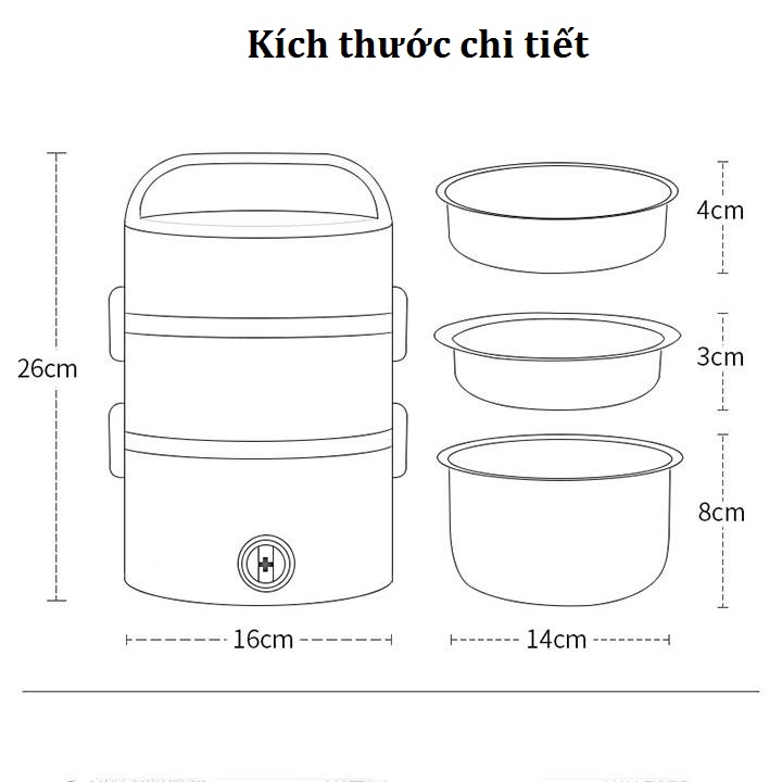 Hộp Cơm Cắm Điện 3 Tầng Nấu Cơm, Hâm Nóng Đồ Ăn Nhanh, Lõi Inox Cao Cấp Có Nắp Chống Tràn, Dung Tích Tổng 2L