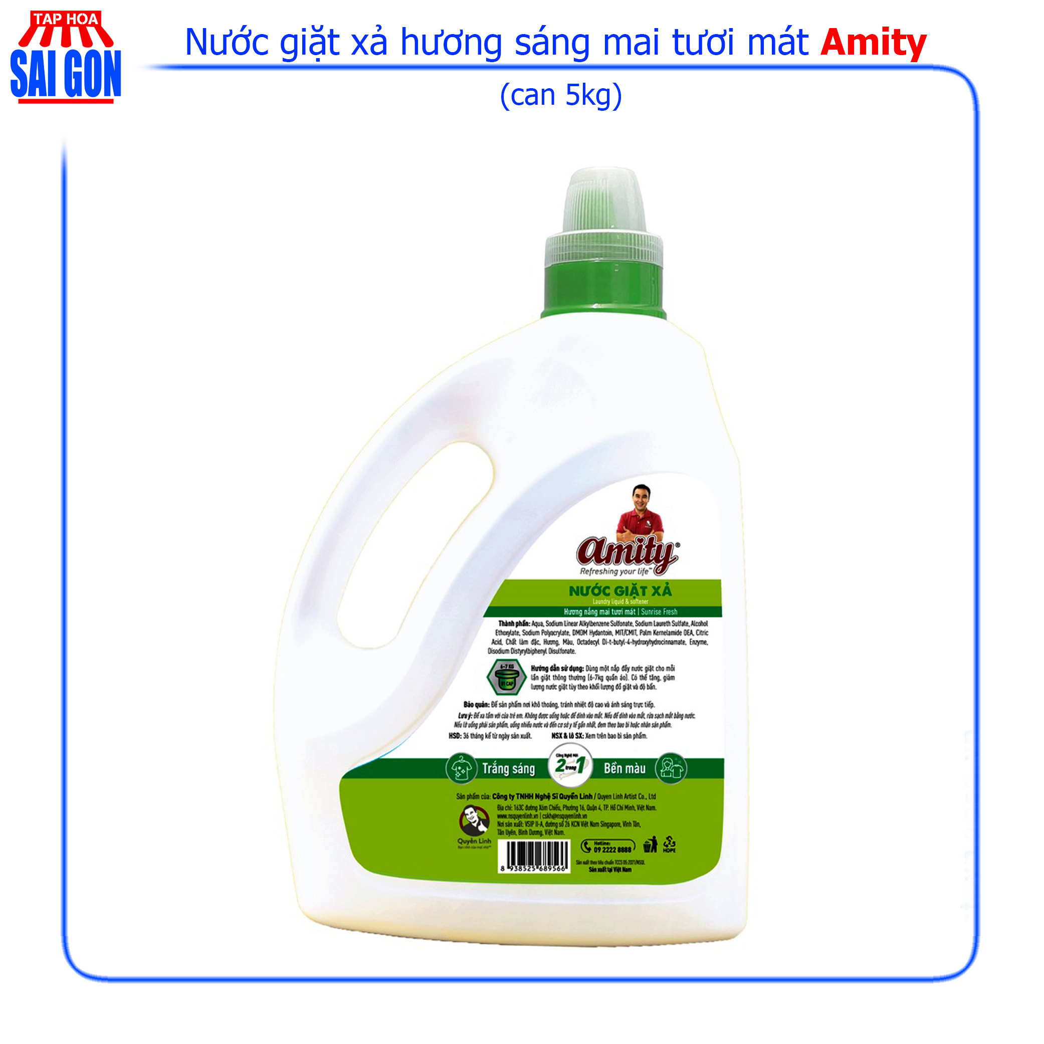 Nước giặt xả Amity nắng mai tươi mới (xanh lá) can 5kg loại bỏ mọi vết bẩn cho quần áo của gia đình