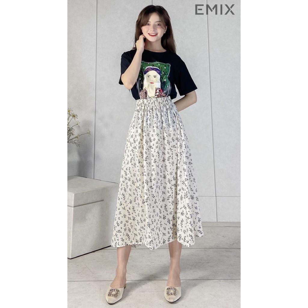 Chân váy nữ hoa nhí hoa đen EMIX, ulzzang, dáng dài, cạp chun, vải lụa mềm co giãn, mềm mát, 1 lớp nhưng không lộ
