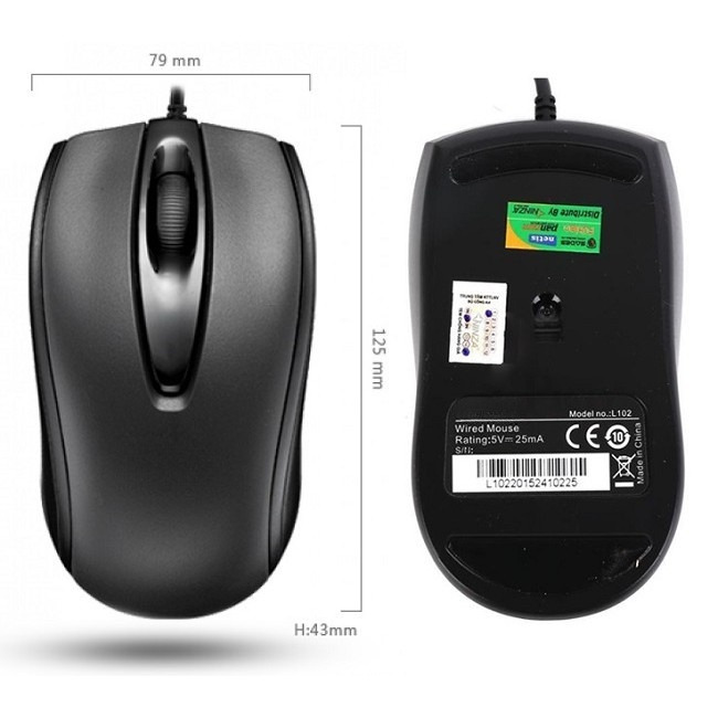 Chuột Có Dây L102 1000DPI (Đen) – Dây Dài, Thiết Kế Ôm Tay, Thuận Cả 2 Tay – Hàng Nhập Khẩu