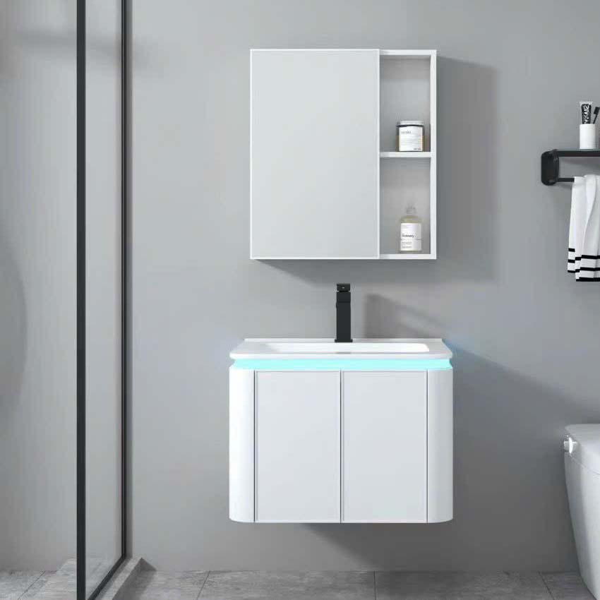 Bộ tủ lavabo treo tường bằng nhôm, màu trắng có đèn led sang trọng