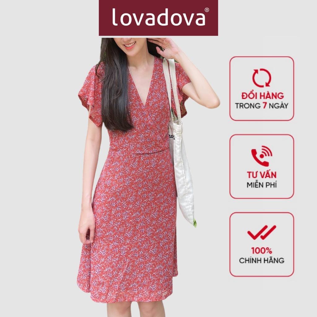 Đầm Dáng Suông, Ngắn Tay, Cách Điệu Nhún Eo, Cổ Đắp Chéo, Màu Đỏ Nhạt - Lovadova 20D12C006