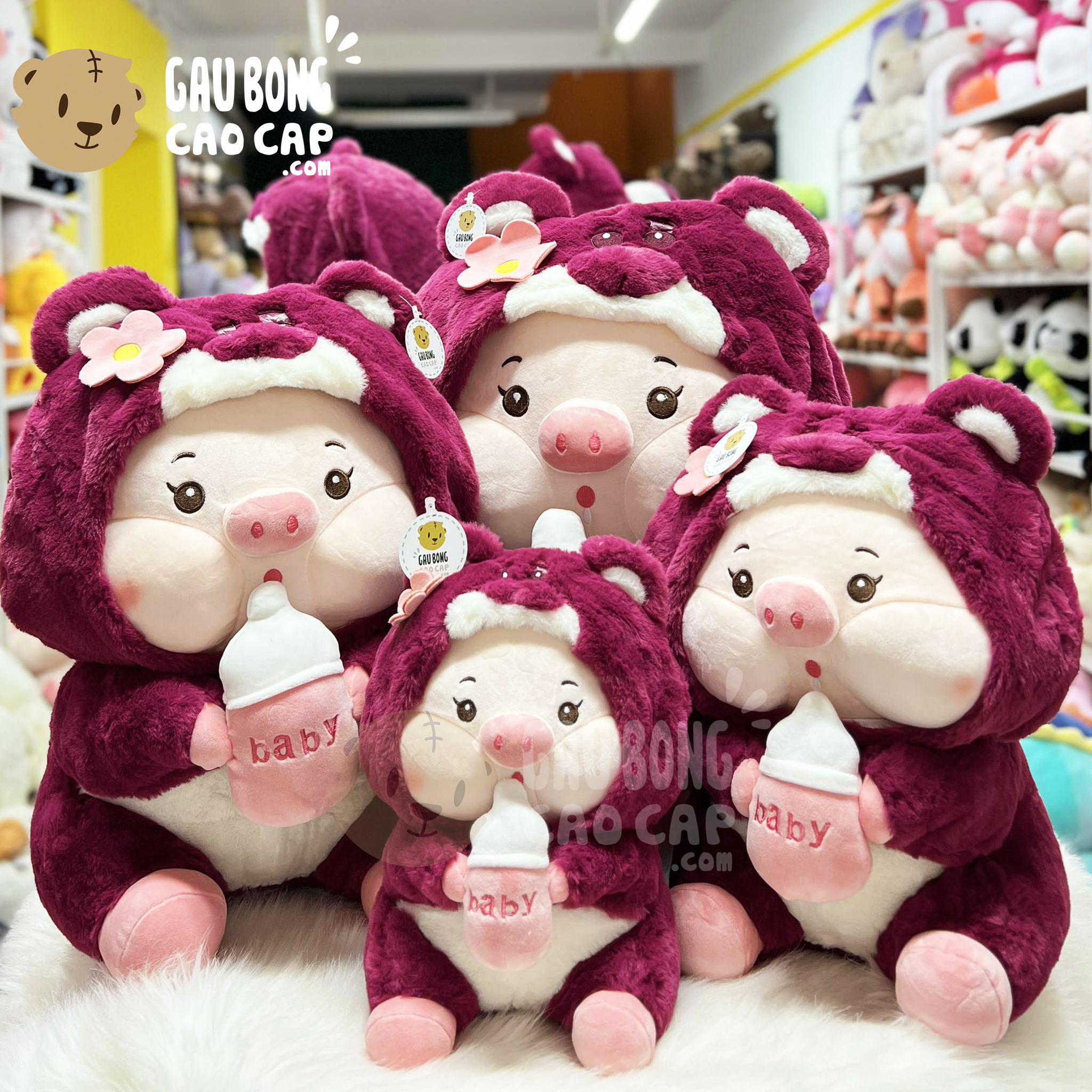 Gấu bông Heo cosplay gấu dâu ôm bình sữa đáng yêu,Heo lotso cute size 30cm- 80cm