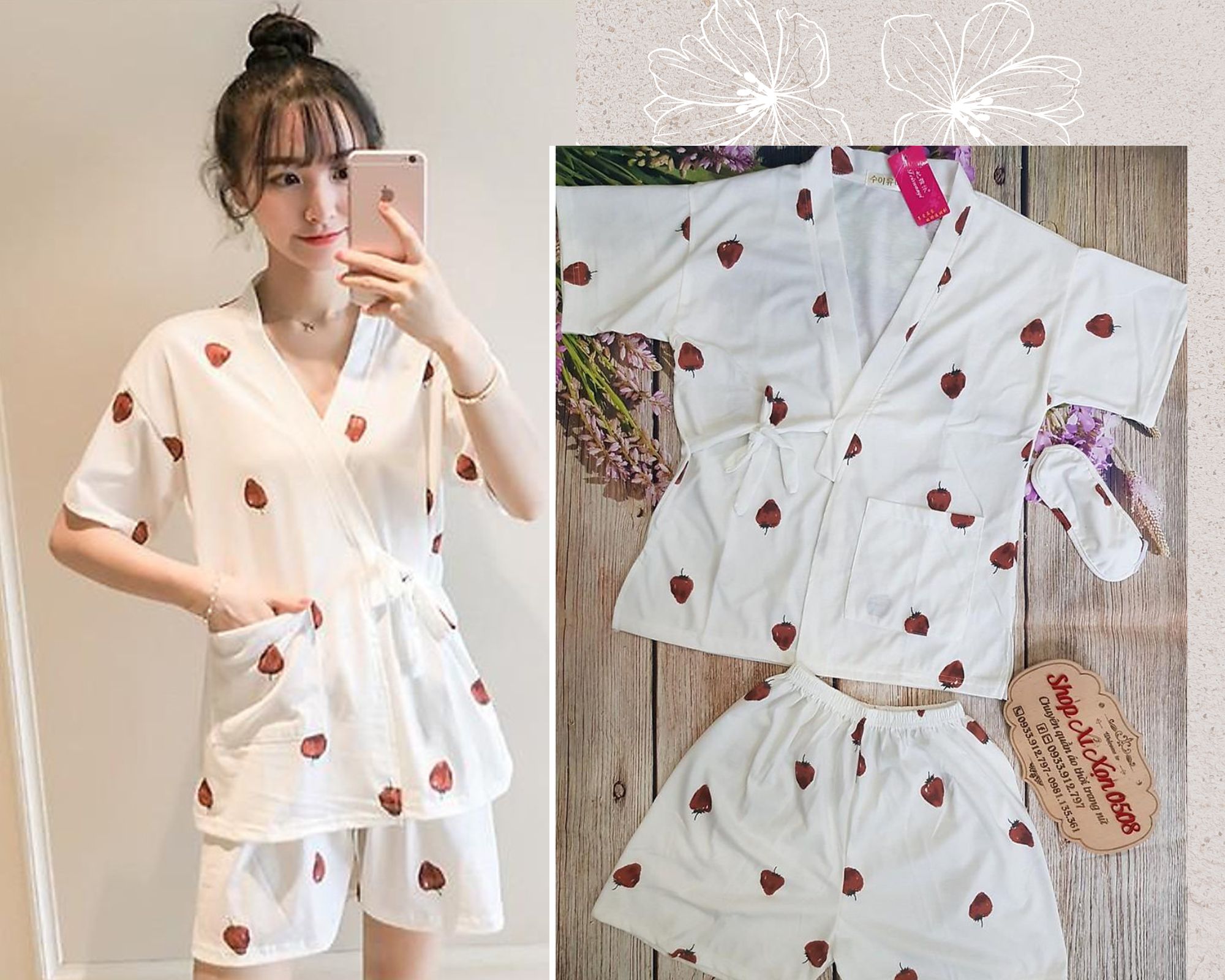 Bộ pijama Đùi Mặc Nhà Kèm Băng Đô Phong Cách HÀN chất thun cotton dày dặn co giãn và thấm mồ hôi tốt,nền vải trắng họa tiết trái dâu nổi bật, phong cách thời trang trẻ trung,xinh xắn và sang trọng.