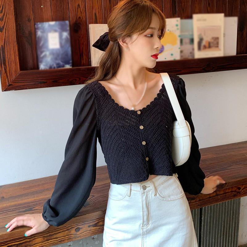 Áo kiểu dệt kim cổ chữ V thời trang cho nữ