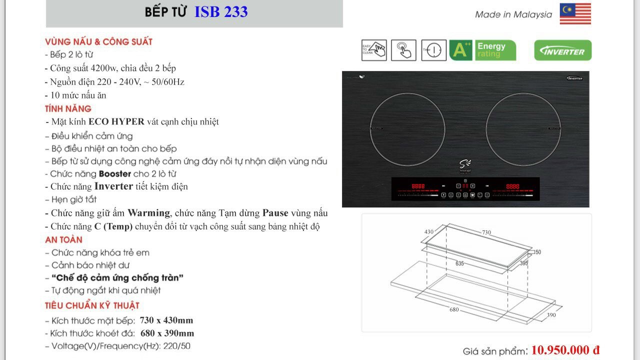 Bếp từ đôi smaragd ISB 233 ( Maylaysia) - Hàng chính hãng