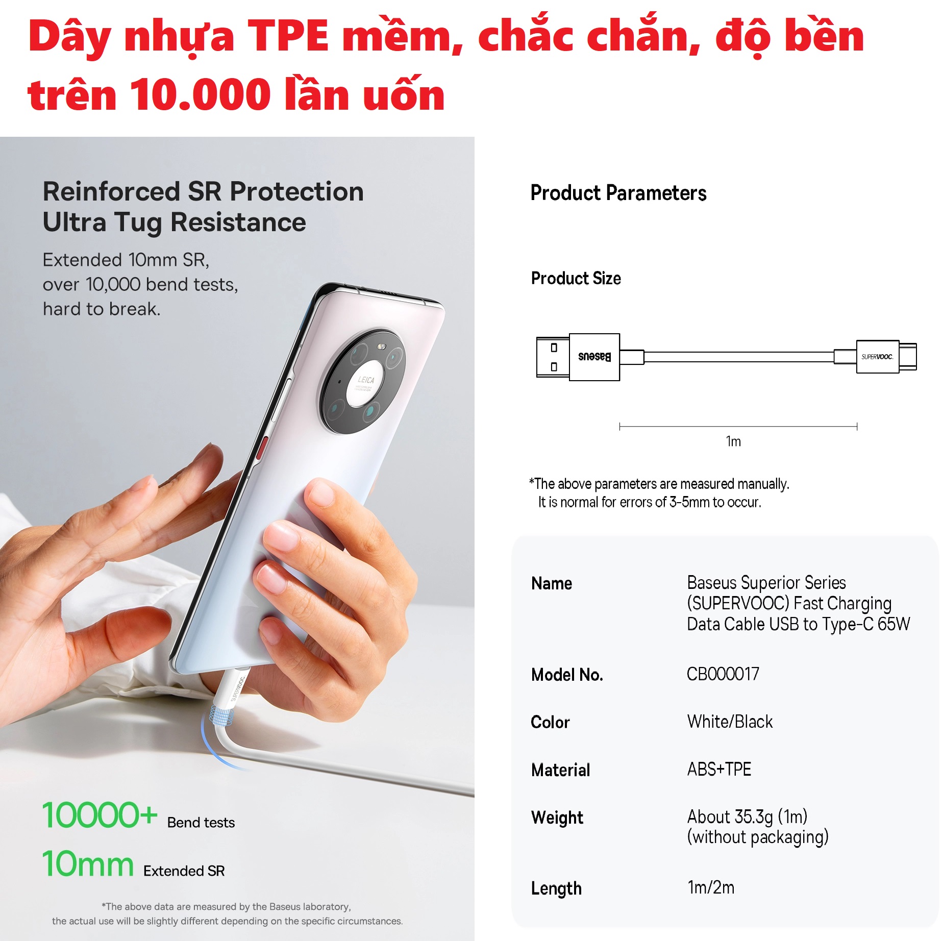 Dây cáp sạc nhanh SUPER VOOC Usb to C 65W cho điện thoại Oppo Baseus Superior Series CB000017_ Hàng chính hãng