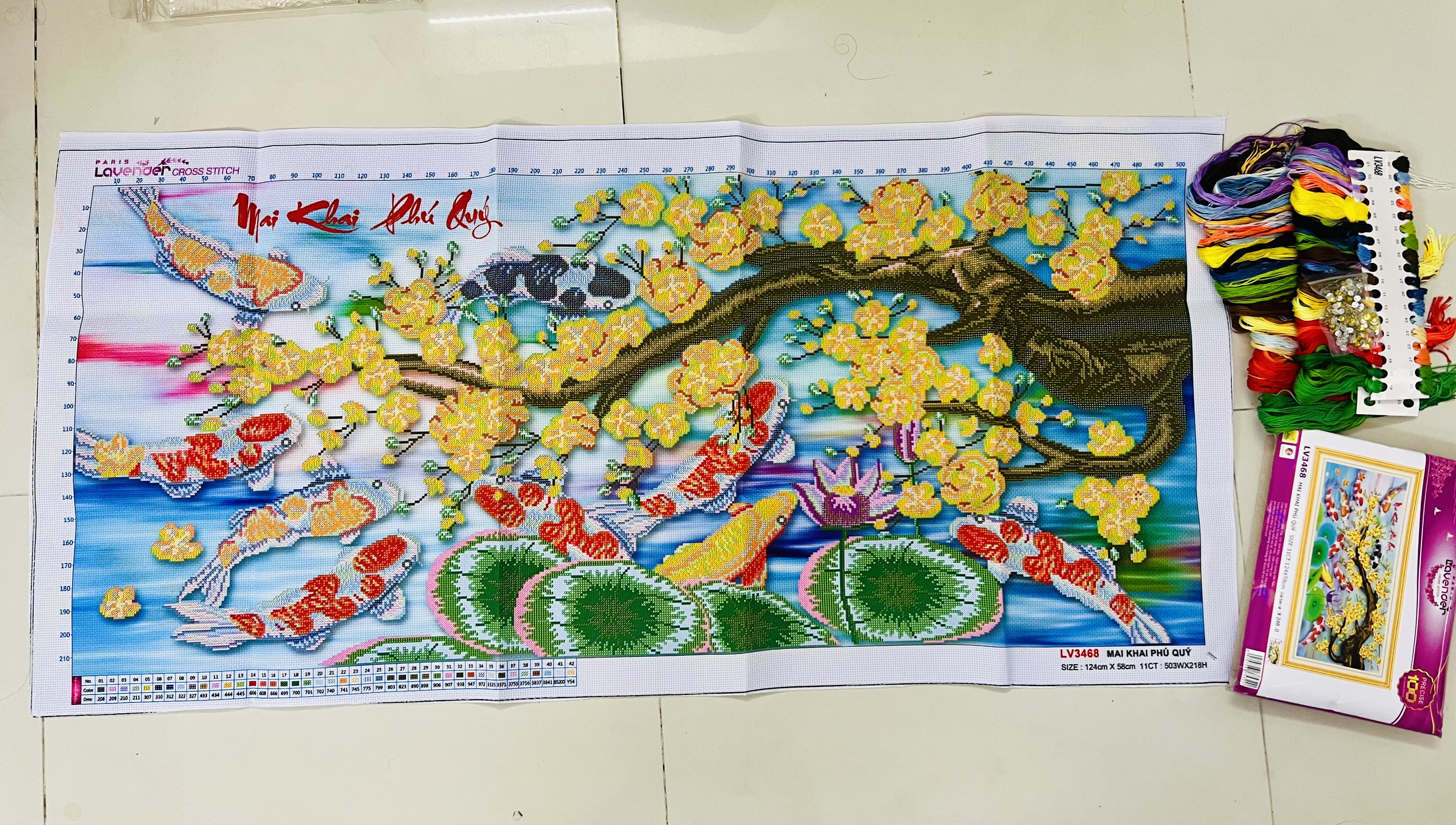 Tranh thêu chữ thập Cửu ngư cành mai vàng LV3468, kích thước 124 x 58 cm
