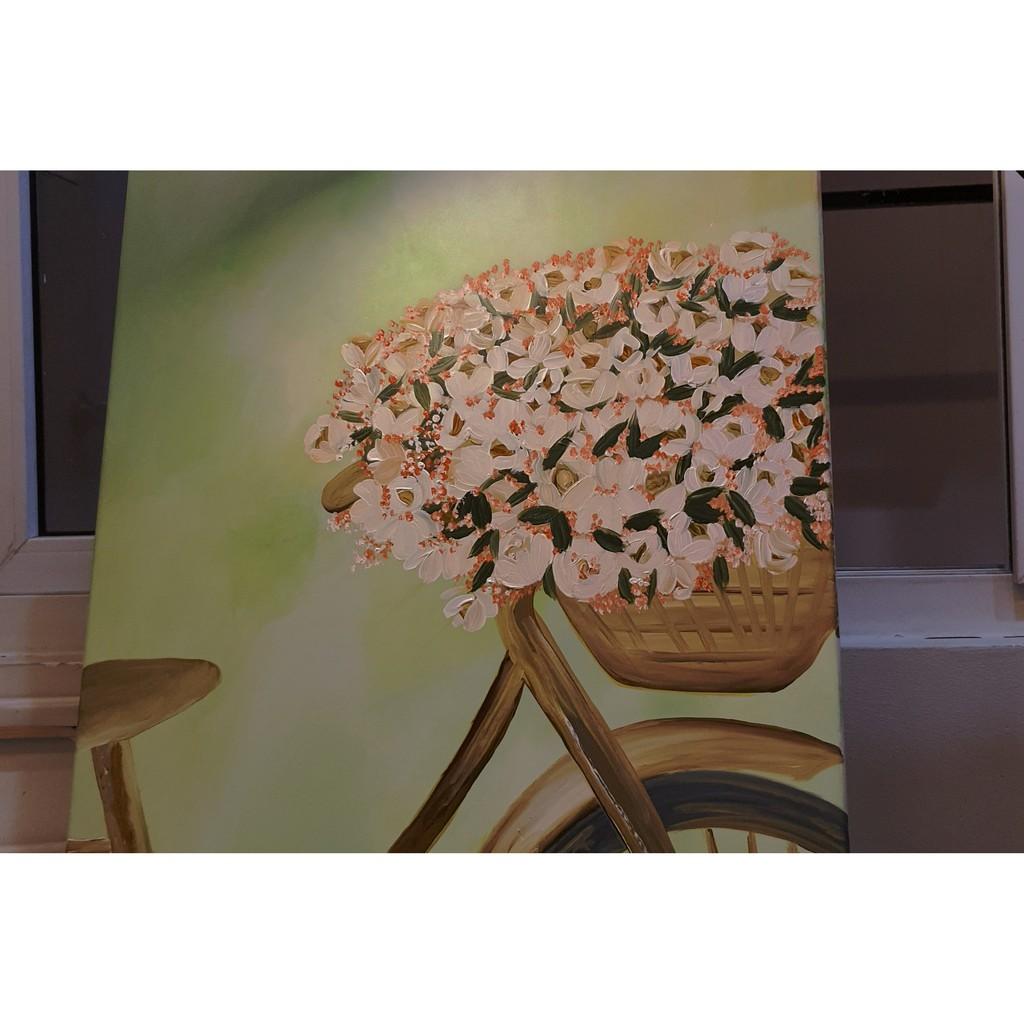 Tranh vẽ tay sơn dầu Acrylic tác phẩm Xe đạp và hoa