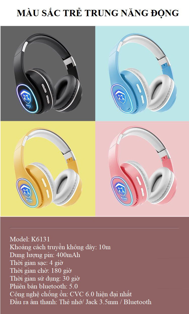 Tai Nghe Chụp Tai Bluetooth HK6131 Công Nghệ Bluetooth Thiết Kế Độc Đáo, Hỗ Trợ Đèn Led Và Đài FM