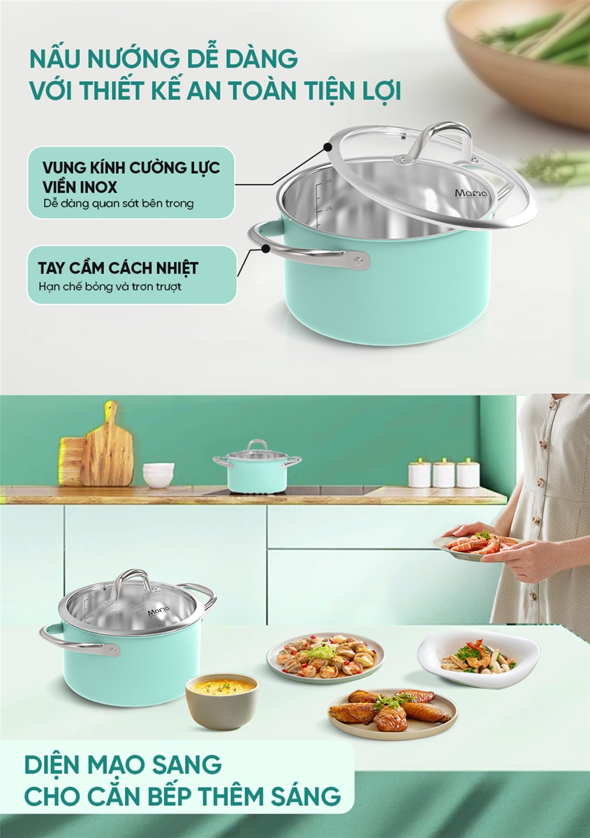 Bộ nồi inox 304 đa lớp liền đáy cao cấp Sunhouse mama SHG702, size 16 20cm, sơn xanh lớp ngoài